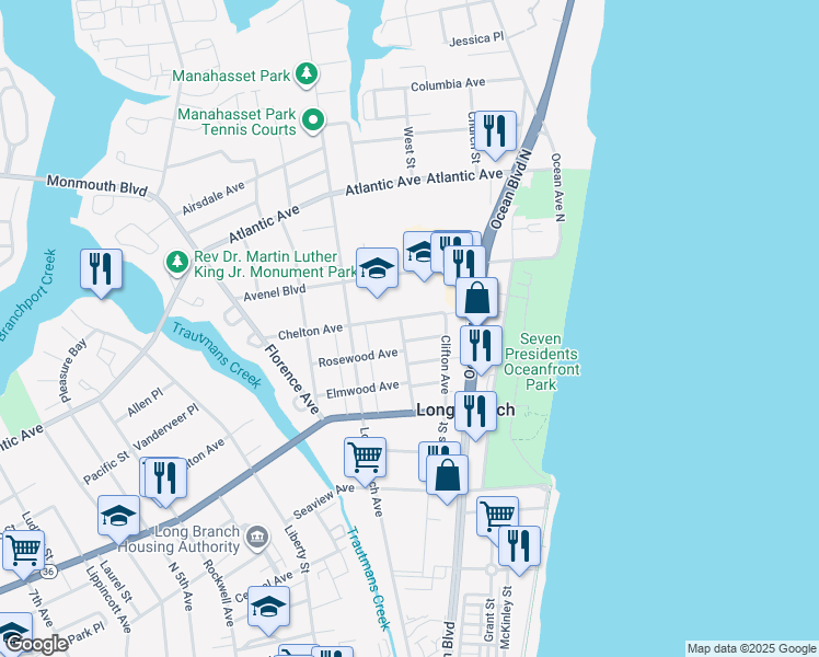 map of restaurants, bars, coffee shops, grocery stores, and more near 119 Rosewood Avenue in Long Branch