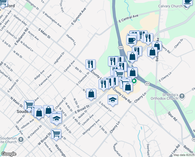 map of restaurants, bars, coffee shops, grocery stores, and more near 64 N County Line Rd in Souderton