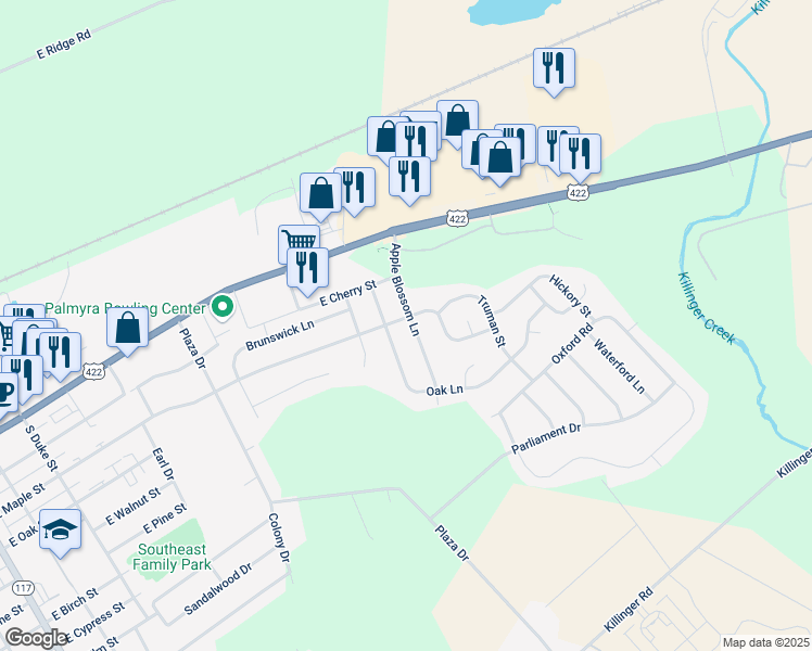 map of restaurants, bars, coffee shops, grocery stores, and more near 203 Apple Blossom Lane in Palmyra