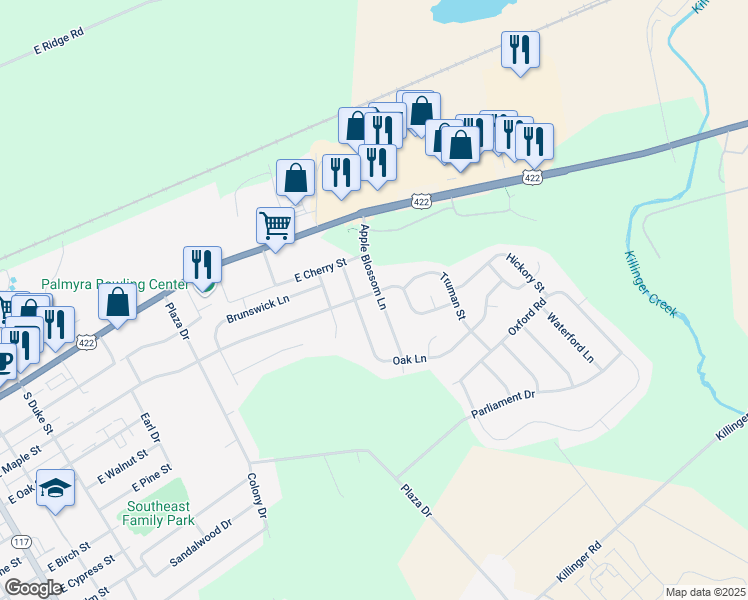 map of restaurants, bars, coffee shops, grocery stores, and more near 203 Apple Blossom Lane in Palmyra