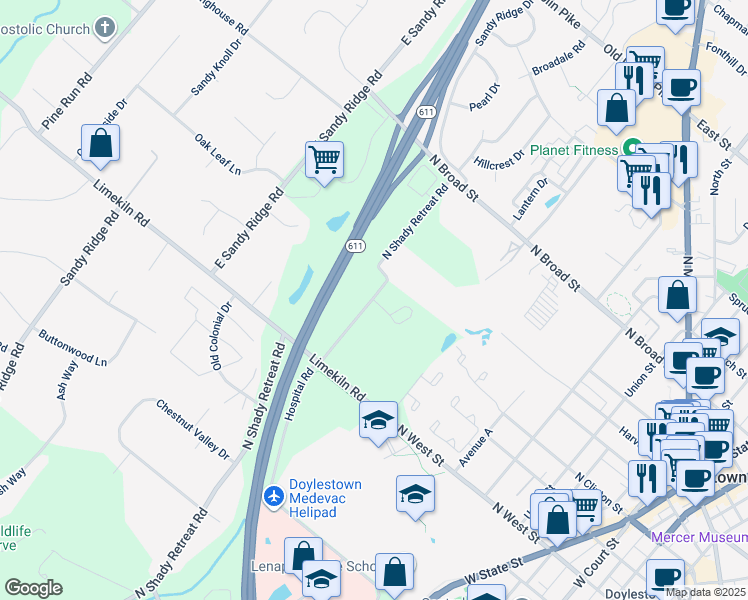 map of restaurants, bars, coffee shops, grocery stores, and more near 405 Mahogany Court in Doylestown