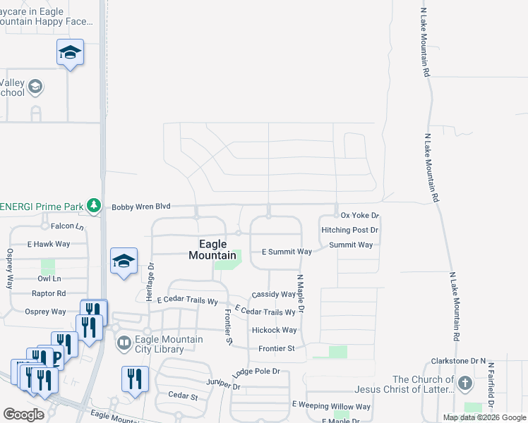 map of restaurants, bars, coffee shops, grocery stores, and more near 2093 Jordan Way in Eagle Mountain