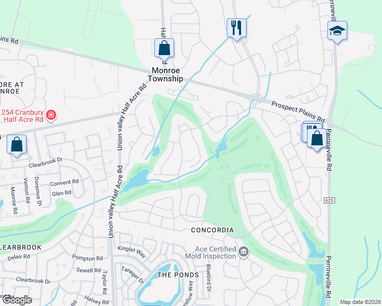 map of restaurants, bars, coffee shops, grocery stores, and more near 22 John Adams Court in Monroe Township