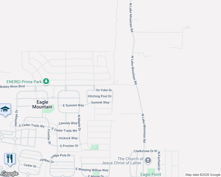 map of restaurants, bars, coffee shops, grocery stores, and more near 2418 Ox Yoke Drive in Eagle Mountain