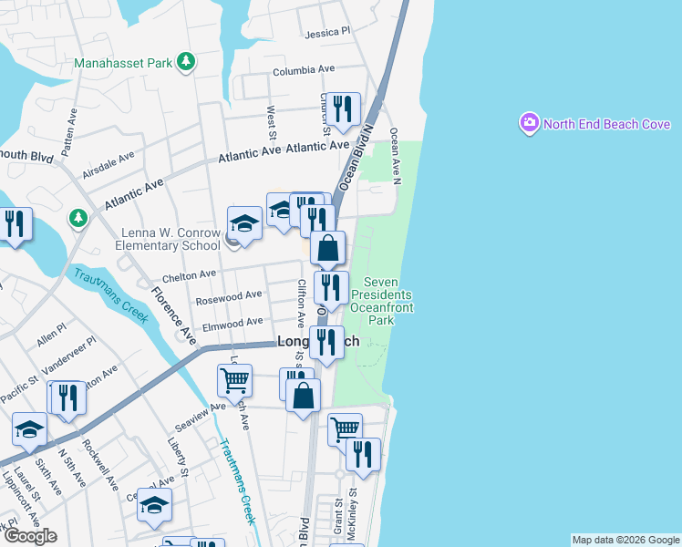 map of restaurants, bars, coffee shops, grocery stores, and more near 300 North Ocean Avenue in Long Branch
