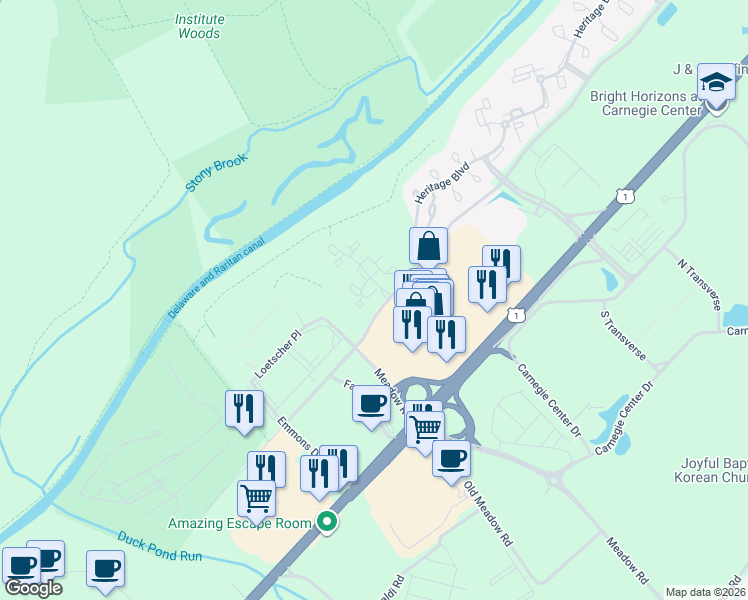 map of restaurants, bars, coffee shops, grocery stores, and more near 104 Olympic Court in Princeton