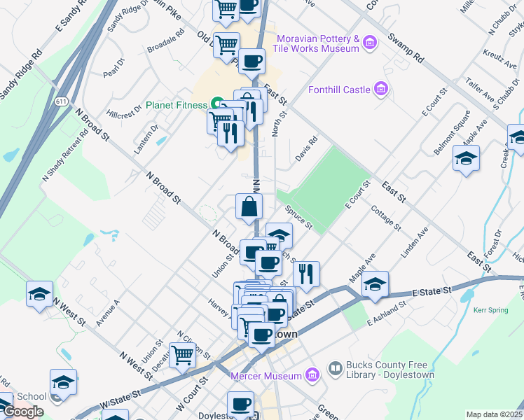 map of restaurants, bars, coffee shops, grocery stores, and more near 257 North Main Street in Doylestown