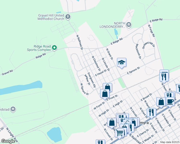 map of restaurants, bars, coffee shops, grocery stores, and more near 609 North Railroad Street in Palmyra