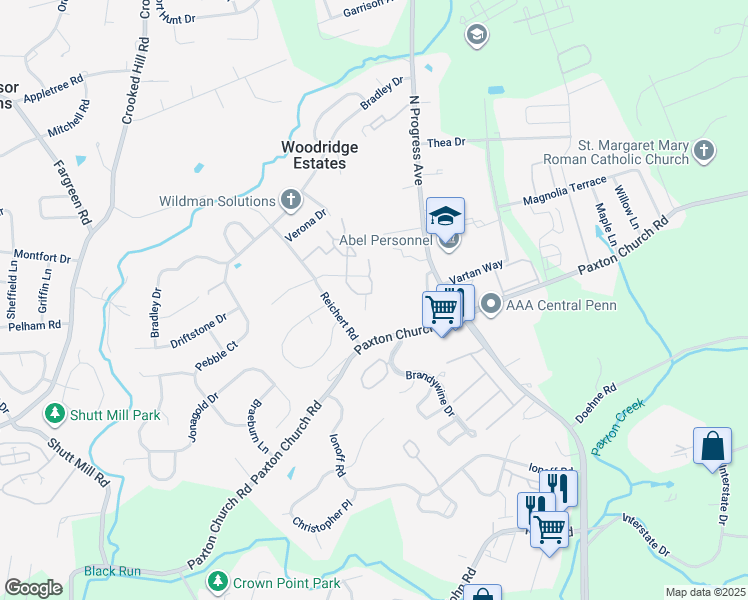 map of restaurants, bars, coffee shops, grocery stores, and more near 1309 Cherrington Drive in Harrisburg