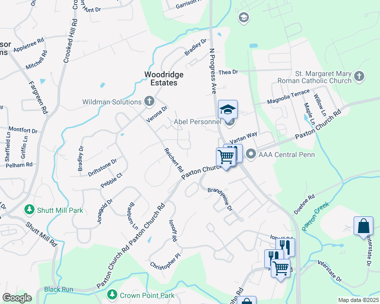 map of restaurants, bars, coffee shops, grocery stores, and more near 1302 Cherrington Drive in Harrisburg