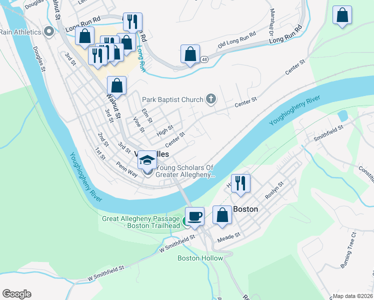 map of restaurants, bars, coffee shops, grocery stores, and more near 514 Chestnut Street in McKeesport