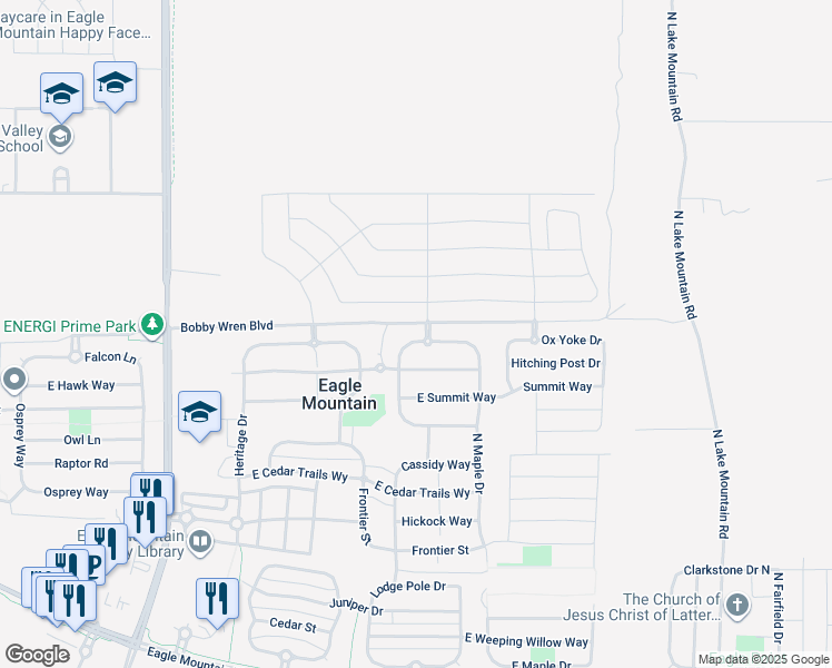 map of restaurants, bars, coffee shops, grocery stores, and more near 2085 Jordan Way in Eagle Mountain