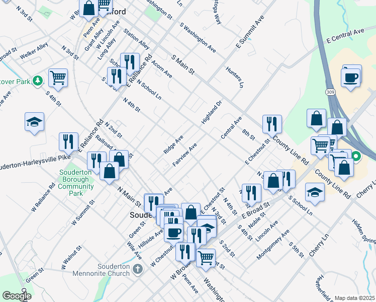 map of restaurants, bars, coffee shops, grocery stores, and more near 398 Fairview Avenue in Souderton