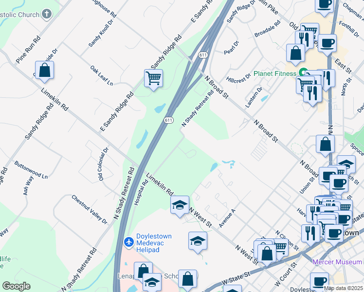 map of restaurants, bars, coffee shops, grocery stores, and more near 401 Mahogany Court in Doylestown