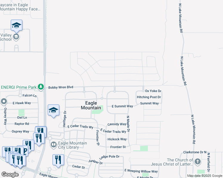 map of restaurants, bars, coffee shops, grocery stores, and more near 2085 Jordan Way in Eagle Mountain