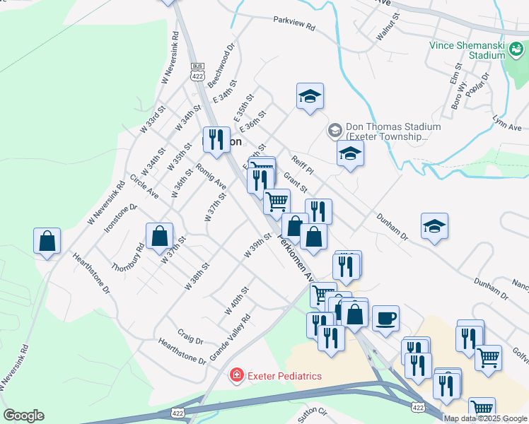 map of restaurants, bars, coffee shops, grocery stores, and more near Perkiomen Avenue in Reading
