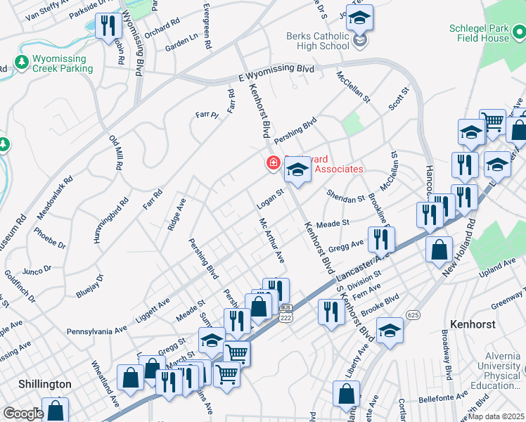 map of restaurants, bars, coffee shops, grocery stores, and more near 1350 Logan Street in Reading