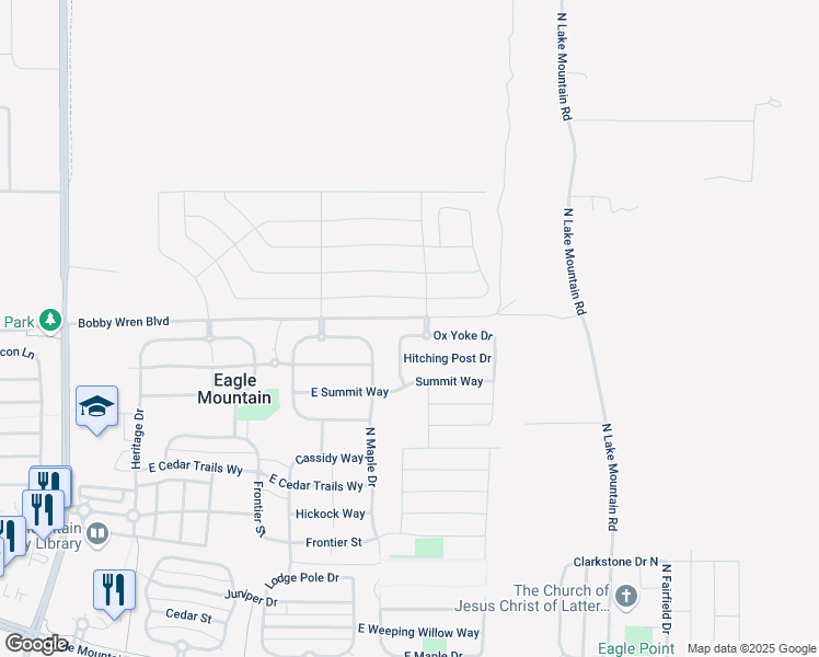 map of restaurants, bars, coffee shops, grocery stores, and more near 2291 Ox Yoke Drive in Eagle Mountain