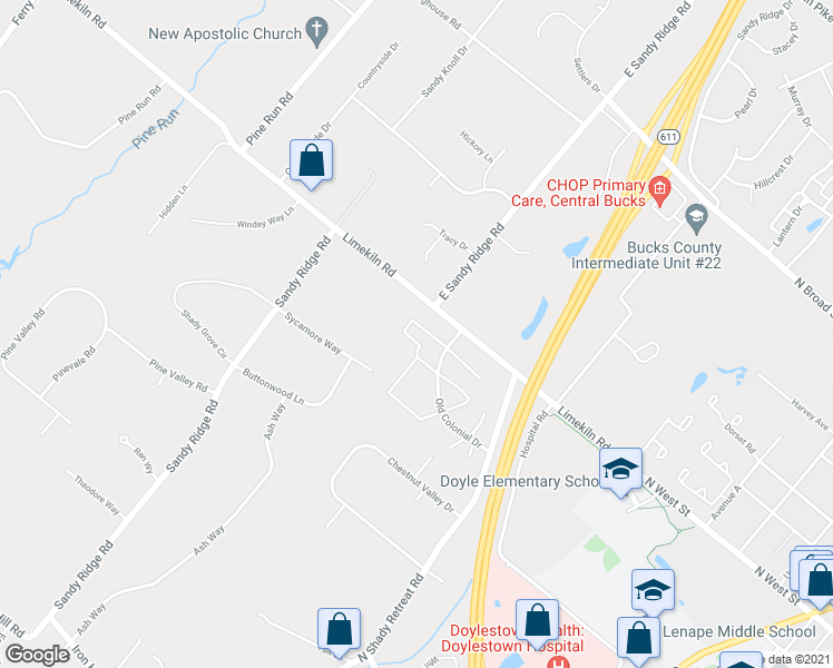 map of restaurants, bars, coffee shops, grocery stores, and more near 68 Constitution Avenue in Doylestown