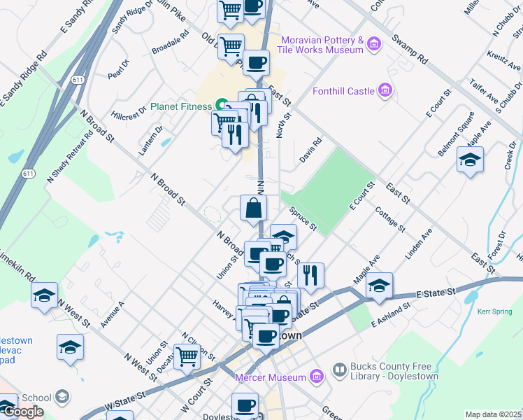 map of restaurants, bars, coffee shops, grocery stores, and more near 296 North Main Street in Doylestown