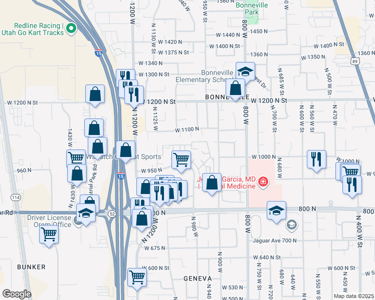 map of restaurants, bars, coffee shops, grocery stores, and more near 1030 North 995 West Street in Orem