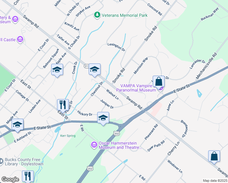map of restaurants, bars, coffee shops, grocery stores, and more near 19 Walnut Lane in Doylestown