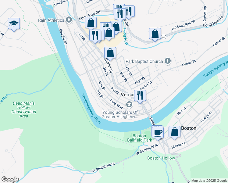 map of restaurants, bars, coffee shops, grocery stores, and more near 4902 3rd Street in McKeesport