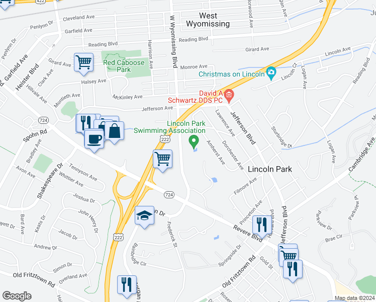 map of restaurants, bars, coffee shops, grocery stores, and more near 1338 West Wyomissing Boulevard in Reading