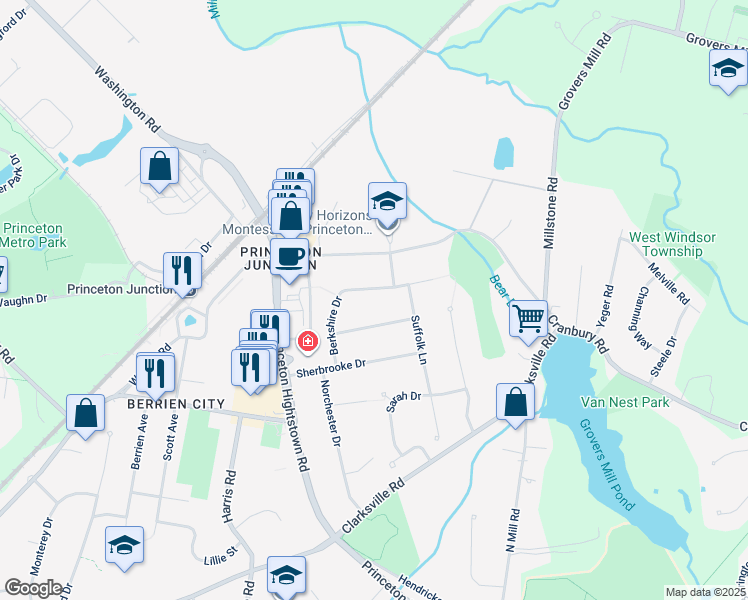 map of restaurants, bars, coffee shops, grocery stores, and more near 7 Wycombe Way in West Windsor Township