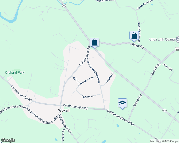 map of restaurants, bars, coffee shops, grocery stores, and more near 2182 Old Skippack Road in Harleysville