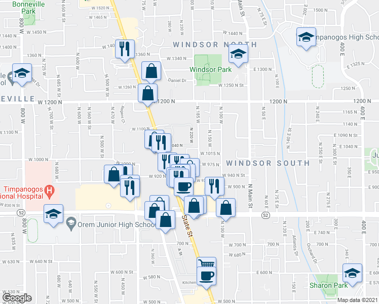 map of restaurants, bars, coffee shops, grocery stores, and more near 997 North 185 West in Orem