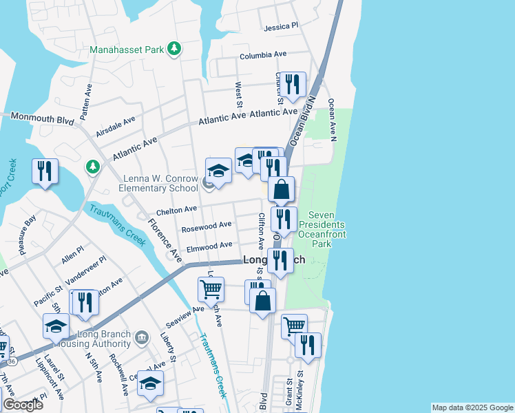 map of restaurants, bars, coffee shops, grocery stores, and more near 284 Clifton Avenue in Long Branch