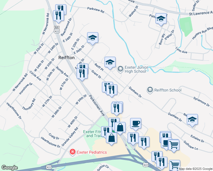 map of restaurants, bars, coffee shops, grocery stores, and more near 3906 Grant Street in Reading
