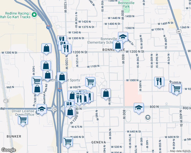 map of restaurants, bars, coffee shops, grocery stores, and more near 982 West 960 North in Orem
