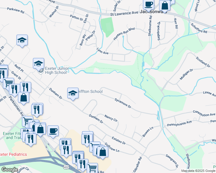 map of restaurants, bars, coffee shops, grocery stores, and more near 58 Sycamore Drive in Reading