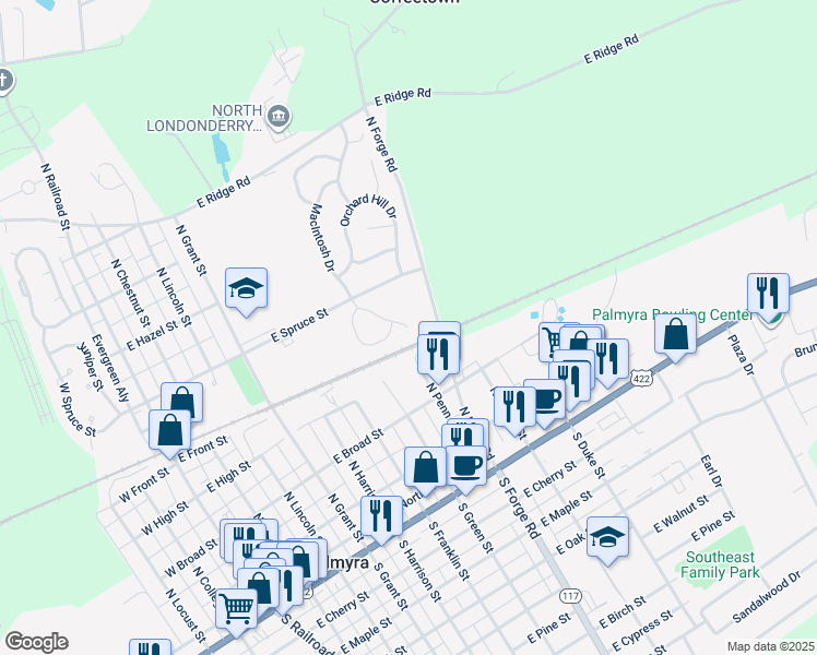 map of restaurants, bars, coffee shops, grocery stores, and more near 194 Braeburn Way in Palmyra