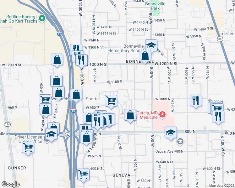 map of restaurants, bars, coffee shops, grocery stores, and more near 1018 North 985 West Street in Orem