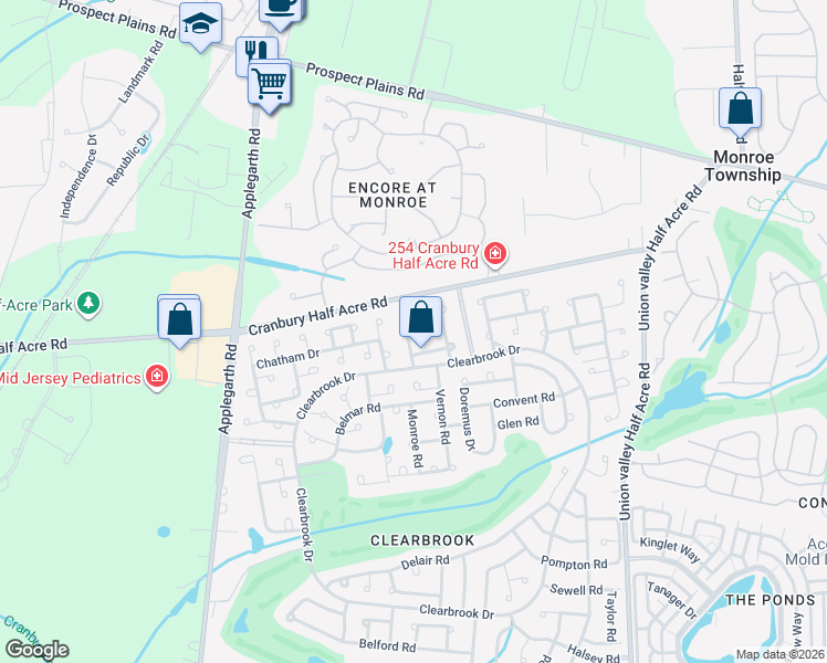 map of restaurants, bars, coffee shops, grocery stores, and more near 173D Warren Road in Monroe Township