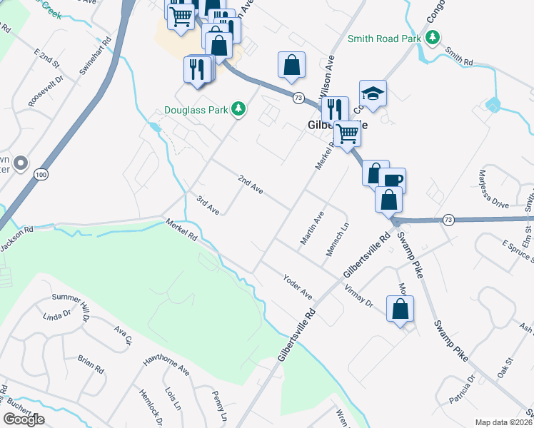 map of restaurants, bars, coffee shops, grocery stores, and more near 123 Merkel Road in Gilbertsville
