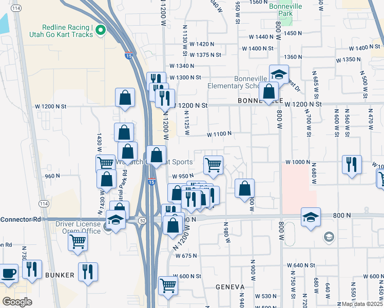 map of restaurants, bars, coffee shops, grocery stores, and more near 1026 North 1090 West Street in Orem
