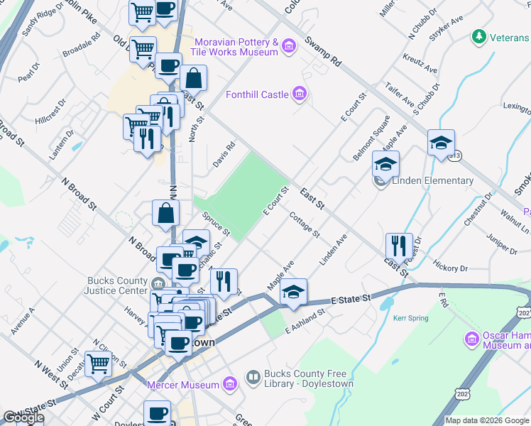 map of restaurants, bars, coffee shops, grocery stores, and more near East Court Street in Doylestown