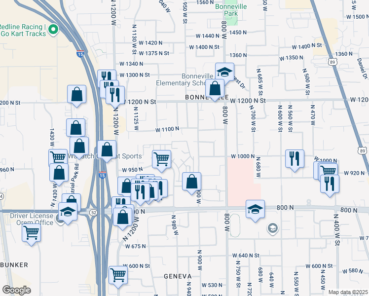 map of restaurants, bars, coffee shops, grocery stores, and more near 1025 North 920 West in Orem