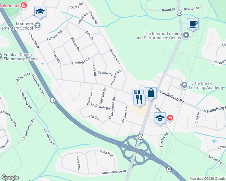 map of restaurants, bars, coffee shops, grocery stores, and more near 7 Ingersoll Road in Marlboro