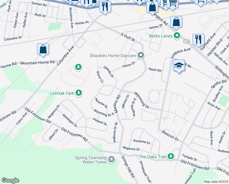 map of restaurants, bars, coffee shops, grocery stores, and more near 403 Unami Drive in Reading