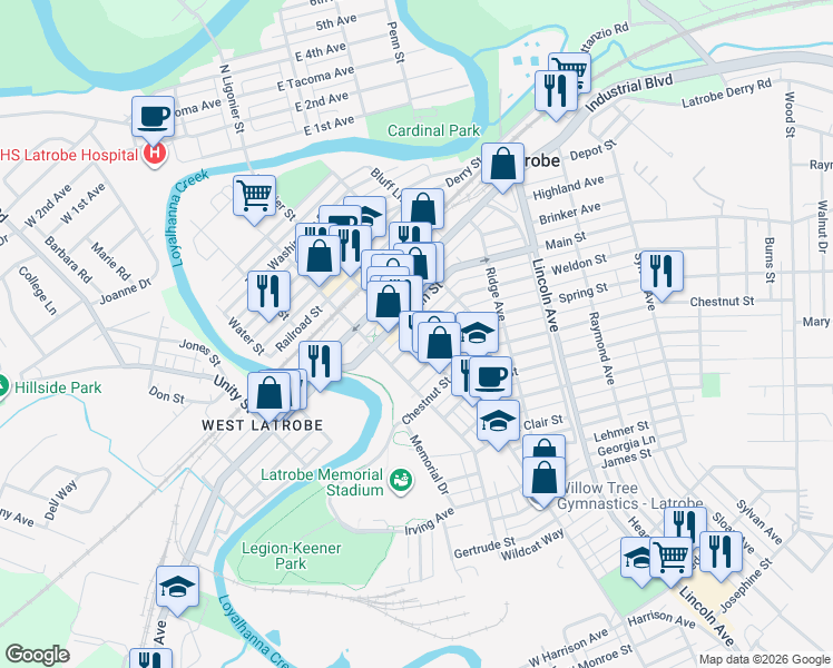 map of restaurants, bars, coffee shops, grocery stores, and more near 300 Weldon Street in Latrobe