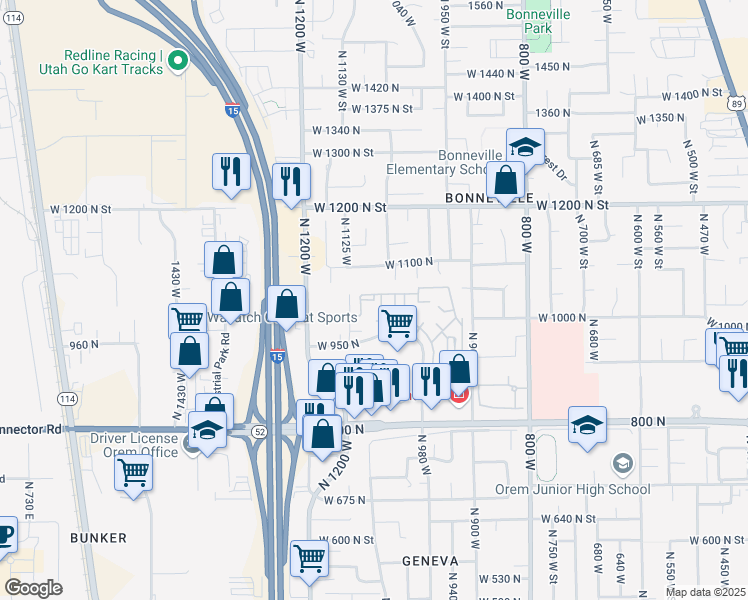 map of restaurants, bars, coffee shops, grocery stores, and more near 1015 North 1030 West Street in Orem