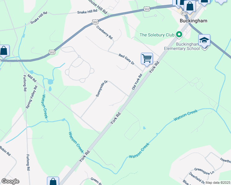 map of restaurants, bars, coffee shops, grocery stores, and more near 4345 Sunnyside Drive in Doylestown