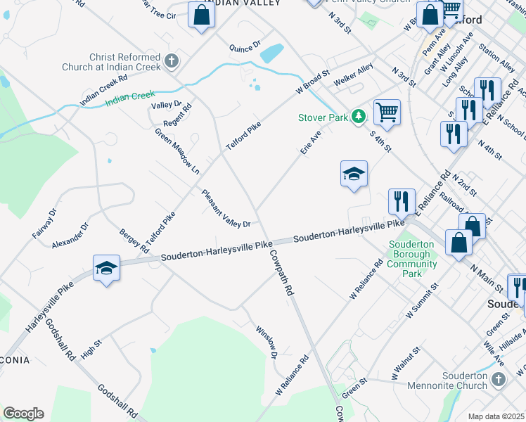map of restaurants, bars, coffee shops, grocery stores, and more near 463 Cowpath Road in Souderton