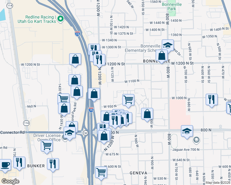 map of restaurants, bars, coffee shops, grocery stores, and more near 1026 North 1090 West Street in Orem