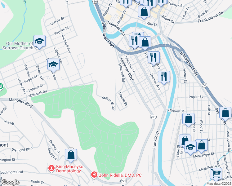 map of restaurants, bars, coffee shops, grocery stores, and more near 636 Yoder Street in Johnstown